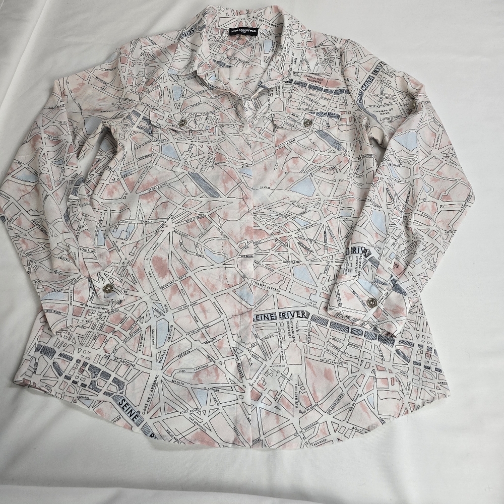 Karl Lagerfield Street Map Patterned Blouse Button Up Medium